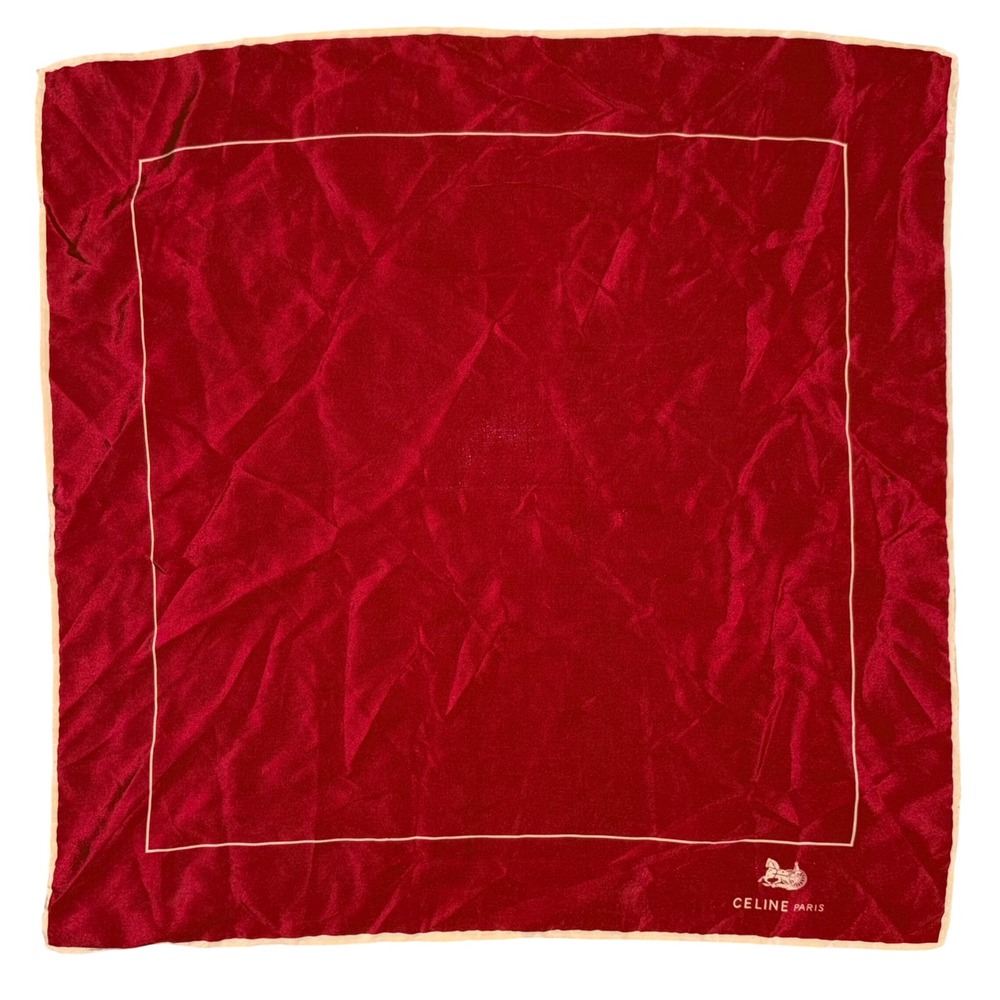 Celine Paris Vintage Silk Scarf Red Cream Square Horse Carriage Logo 18in